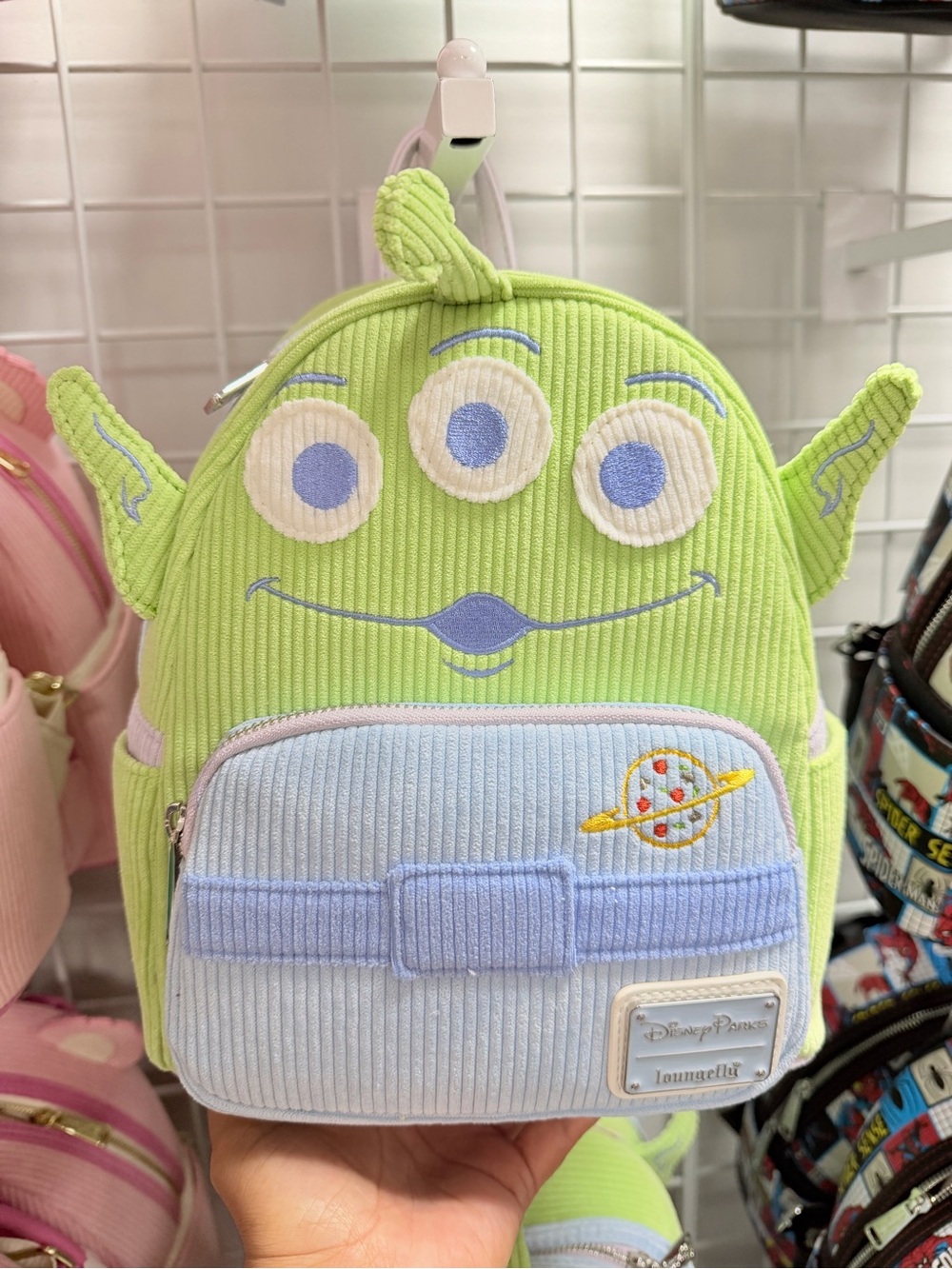Loungefly Toy Story Green Three-Eyed Alien Mini Backpack with Light Blue Pocket